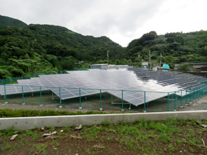 1,500坪の傾斜に設置された太陽光発電パネル